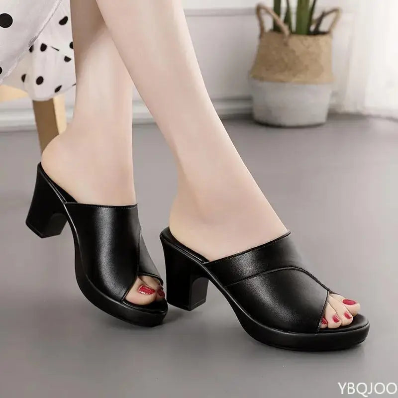Waterproof New High-heeled Bright Leather Solid Color Casual Shoes Women Summer Platform Sandals Female Thick-heeled Slippers