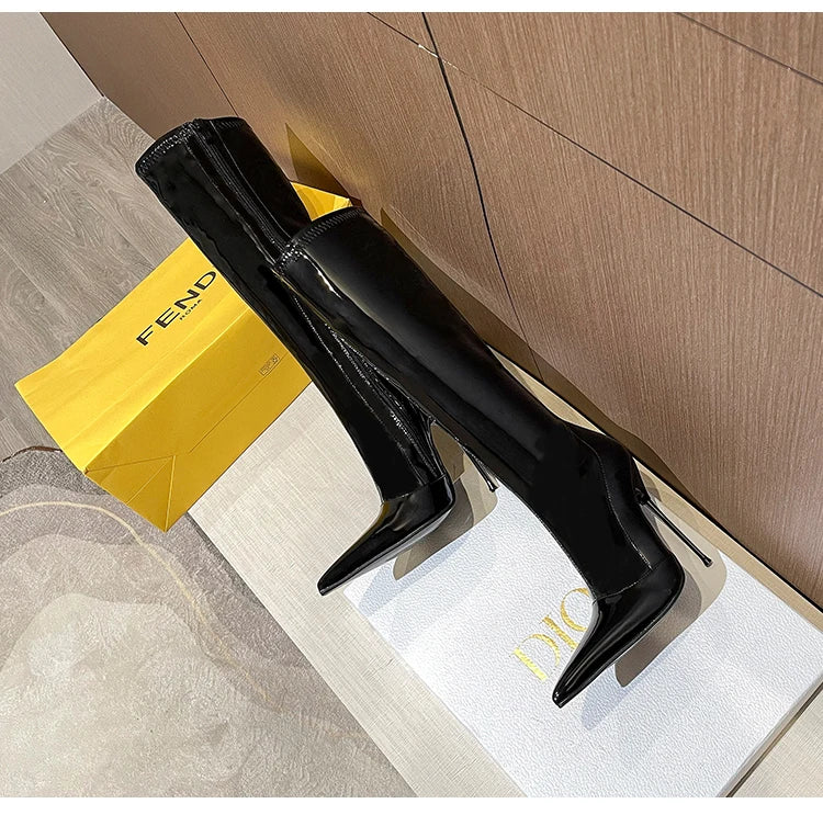 Knee-High Modern Boots Pointy Toe Women Shoes 13cm Ultra Thin Steel High Heels Metal Heel Calf Boots for Women Fun Shoes Size 46