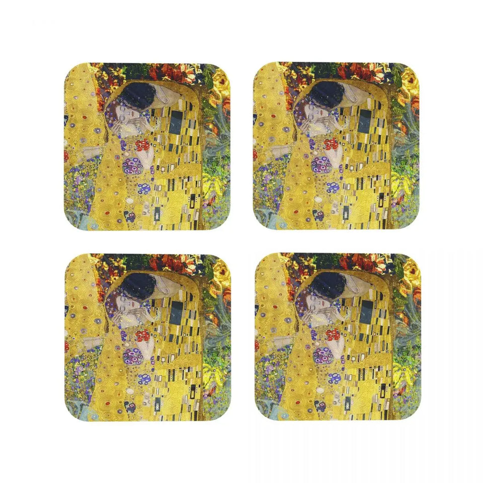 The Kiss By Gustav Klimt Coasters Kitchen Placemats Non-slip Insulation Cup Coffee Mats For Decor Home Tableware Pads Set of 4