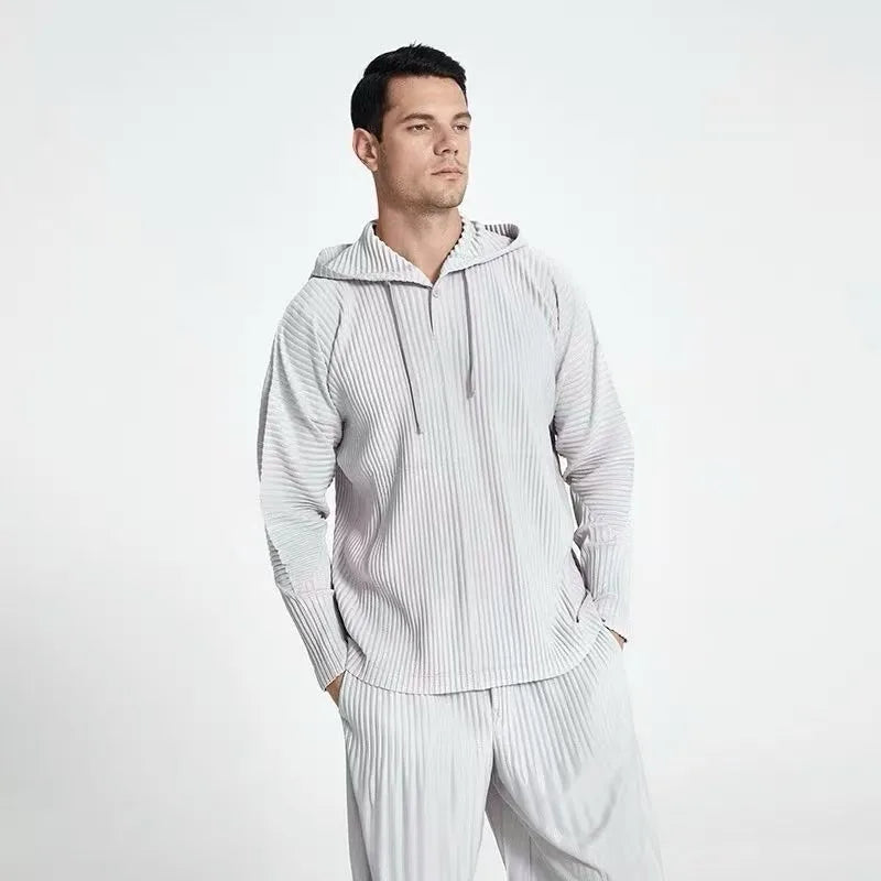 Miyake Pleated Men's Sweatshirt Hoodie Classic Pleated 2025 Summer New Tops Loose Casual Simple Drawstring Pullover Hoodie Male