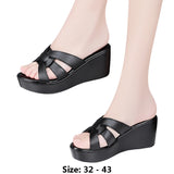 High quality summer leather wedge sandals for women 6cm mid heel new 2025 size 32 33 42 43 platform open toe elegant shoe black
