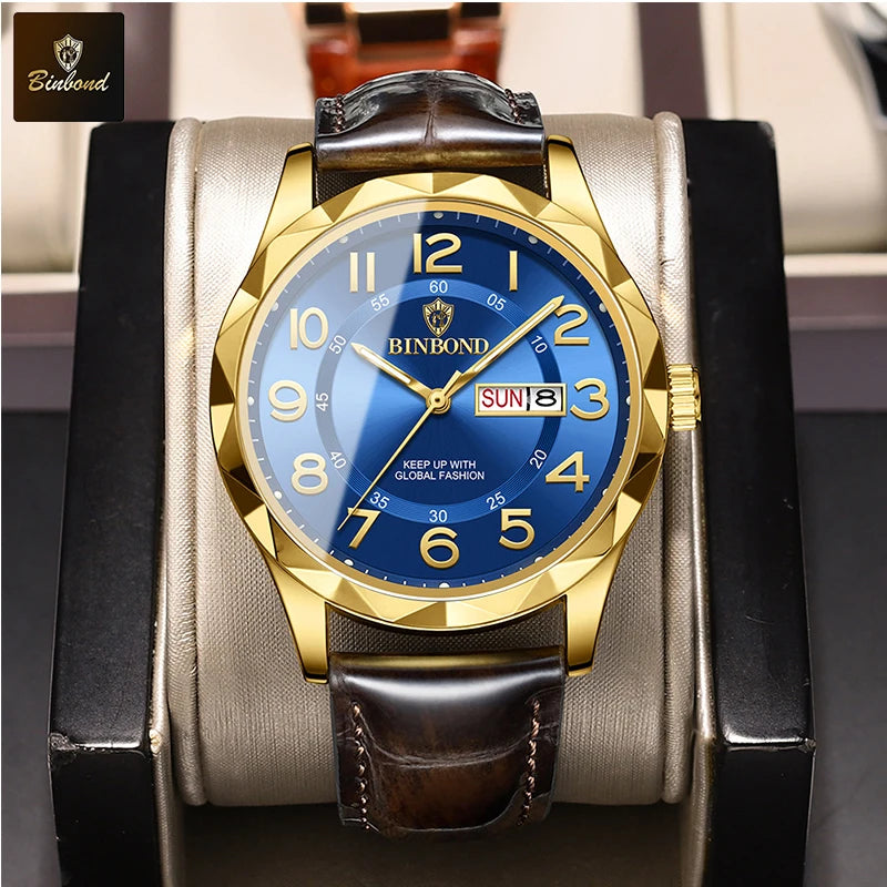 BINBOND New Fashion Mens Casual Sports Watches For Men Retro Big Dial Quartz Watches Classic Leather Business Men Watches B5663