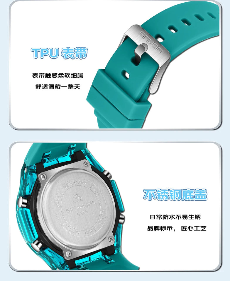 SANDA Top New 6283 Dual Display Multifunctional Student Electronic Watch Alarm Clock Night Light Waterproof Sports Student Watch