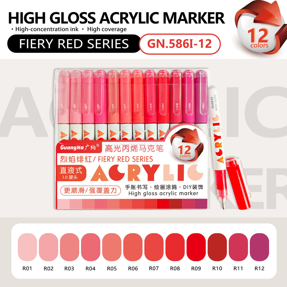 GuangNa 12 Colors/box Direct Liquid Hardhead High-gloss Acrylic Marker, for Student Notebook Writing, DIY Painting Graffiti