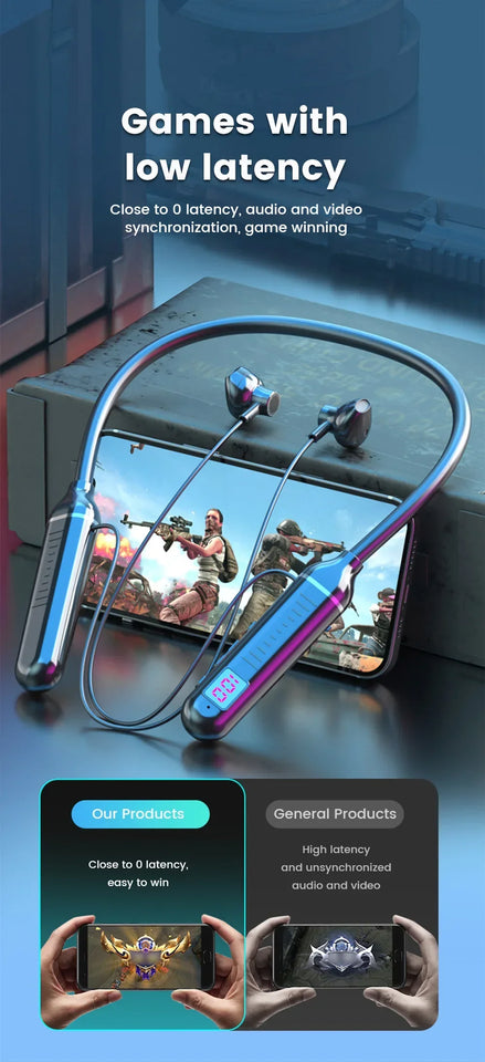 VIKEFON Wireless Earphones 5.3 Neckband Headphones Gaming LED Display Stereo Sports Headset Halter Waterproof Magnetic Earbuds
