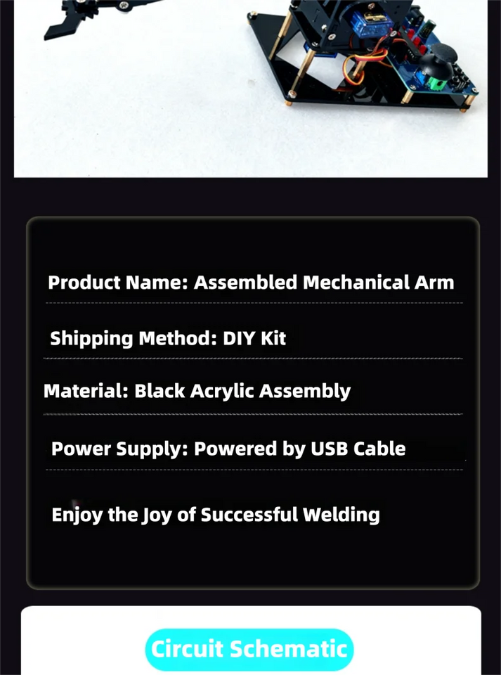 DIY Black Robotic Arm Construction Kit - Learn Welding, Basic Electronics, Circuit Design & Control, Perfect for STEM Projects, Maker Education, Beginners Tech Gift