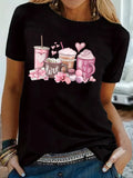 Pink Coffee & Love Women's Tee - Sweet Drinks Graphic, Cozy Casual Print for Daily Wear