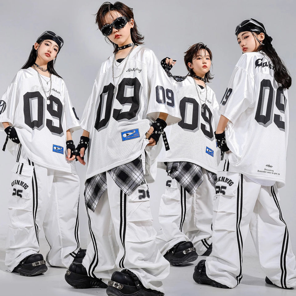 Boys Hip Hop Mesh T-shirt Cargo Pants Girls K-pop Street Dance Sweatshirt Costumes Child Clothes Sets Kids Teens Jazz Streetwear