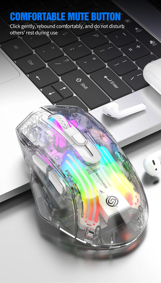 Aesthetic Clear Wireless Mouse for Women RGB Glow Tri-Mode Bluetooth Rechargeable Gaming Mouse for Laptop PC Office