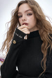 ELFSACK 2025 Winter New Arrivals Elegant Minimalist Classic Slim Fit Half High Neck Solid Gold Button Cuff Knit Sweater For Wome