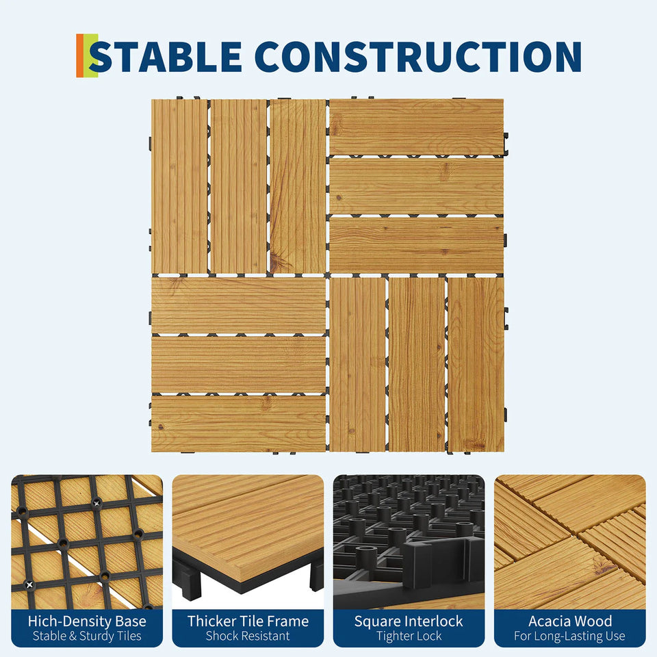 Acacia Wood Connected Deck Tiles for Patio & Outdoor Decor, 12"x12" Firm Weatherproof Non-Slip Wooden Flooring, 22/33 Panels