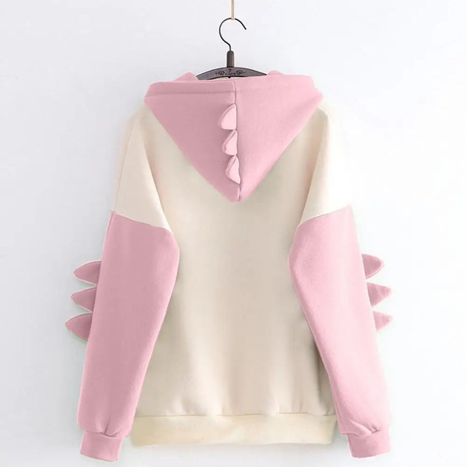 Winter Cute Dinosaur Cartoon Hoodie Women Fashion Sweatshirt Casual Print Long Sleeve Korean Style Splice Tops Kawaii Clothes