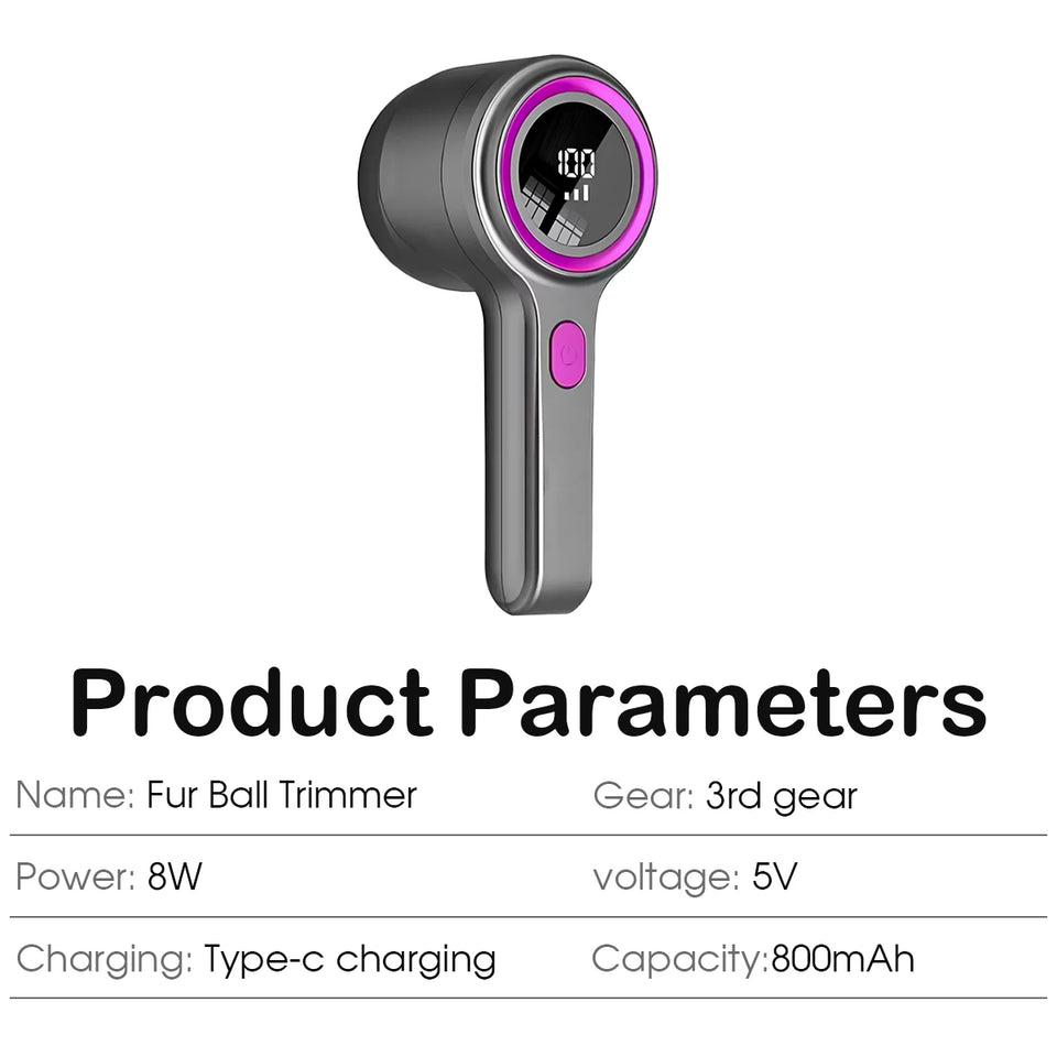 Digital display hair ball trimmer, shaving device, pilling device, rechargeable shaving and suction device, clothing