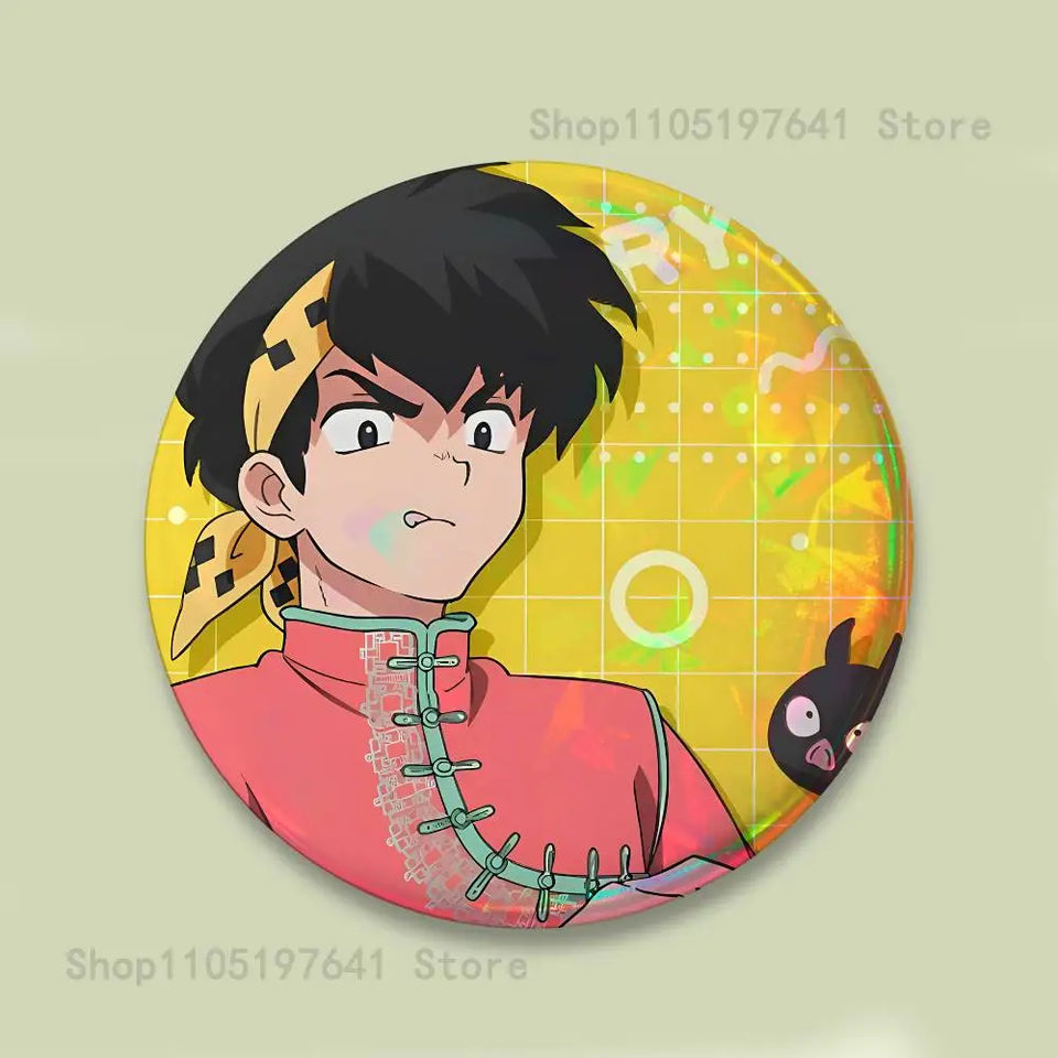 COOL Ranma 1 2 Reflective Pin Tinplate Round Brooch Cartoon Cosplay Badges for Bag Hat Toys Gifts