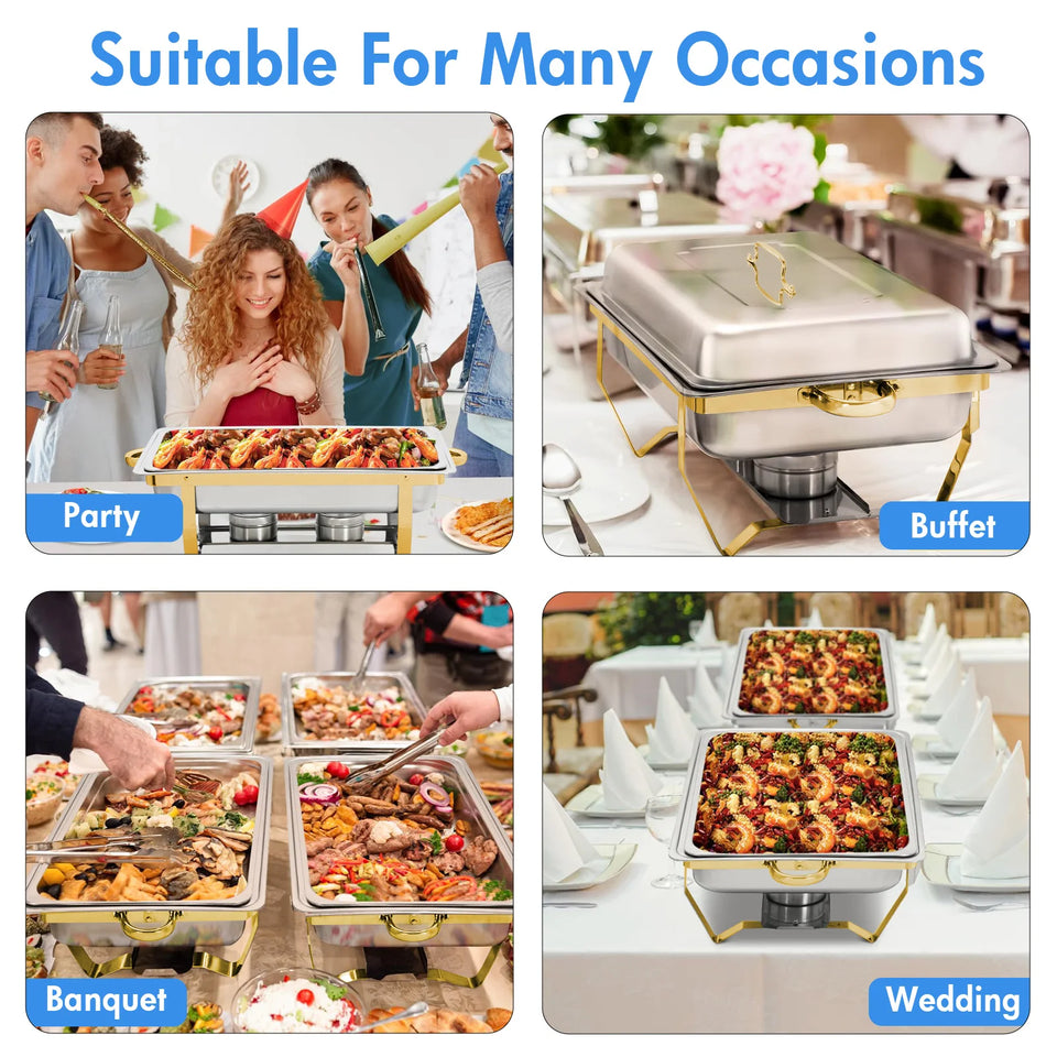 2/4Pack Chafing Dish Set Stainless Steel 316 Gold Rectangular Buffet Warmer for Hotel Catering Parties Weddings Outdoors