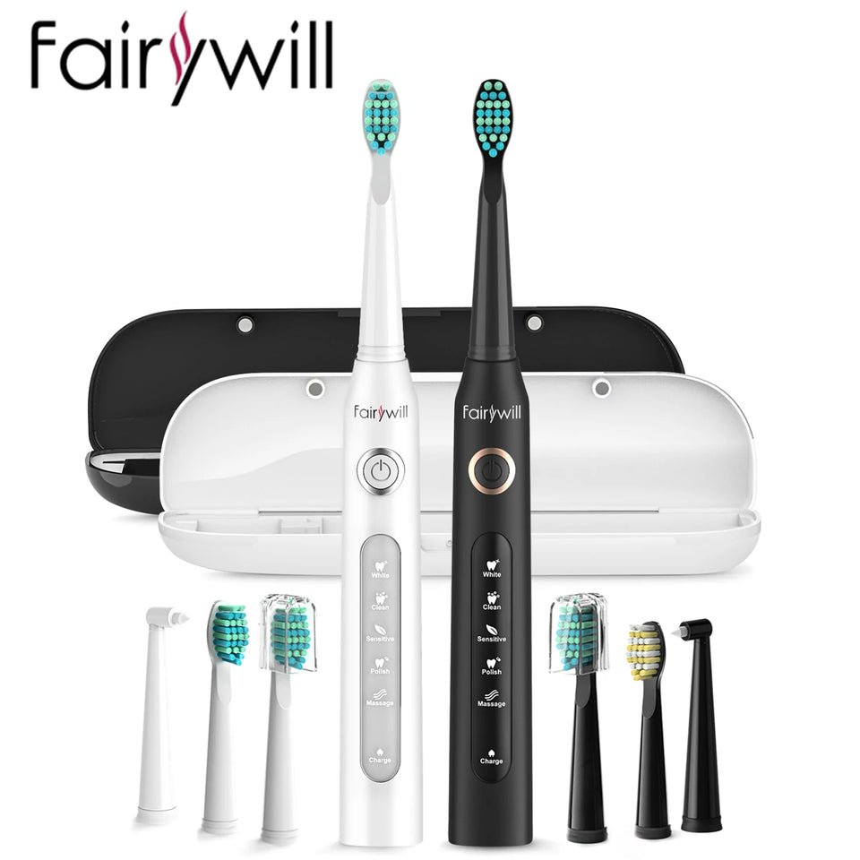 Fairywill Sonic Electric Toothbrush FW-D7 set USB Charge Toothbrushes case for Adult with tooth brush Heads 5 Mode Smart Time
