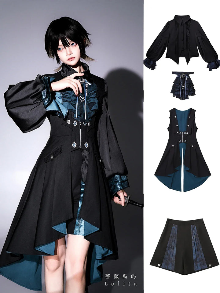 Original Dark Goth Prince Clothing Set New Spring Summer Women's Cool Black Shirt Irregular Vest Shorts 3 Piece Suit Outfits