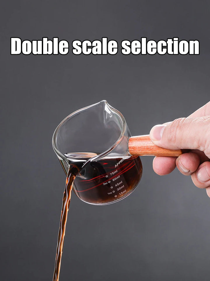 1 Piece 75ml Double Mouth Milk Cup With Side Wooden Handle Clear Glass Coffee Cup, Suitable For Home Espresso, Milk Production