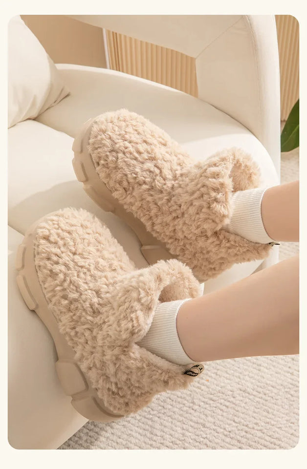 Thickened Plush Fur Warmth Household Snow Boots Cotton Women Slippers Home Boots Simple Solid Color Winter Fluffy Platform Shoes