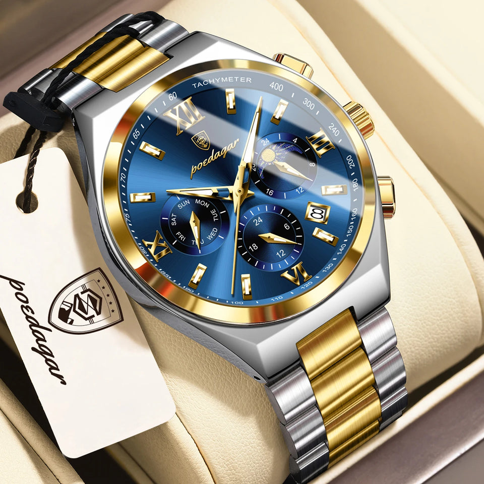 POEDAGAR Fashion Functional Man Wristwatch Luminous Week Date Business Watch For Men Stainless Steel Sports Men's Quartz Watches