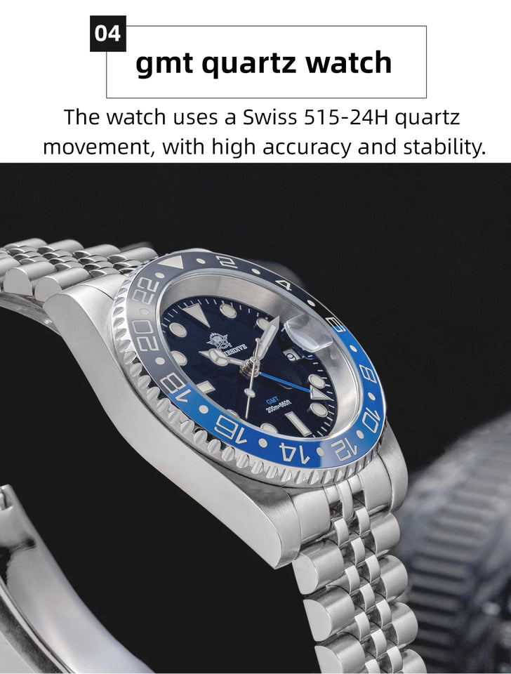 ADDIESDIVE Fashion GMT Watch for Men Super Luminous AD2050 Wristwatches Luxury Luminous 20Bar Diving Stainless Steel Man Watches