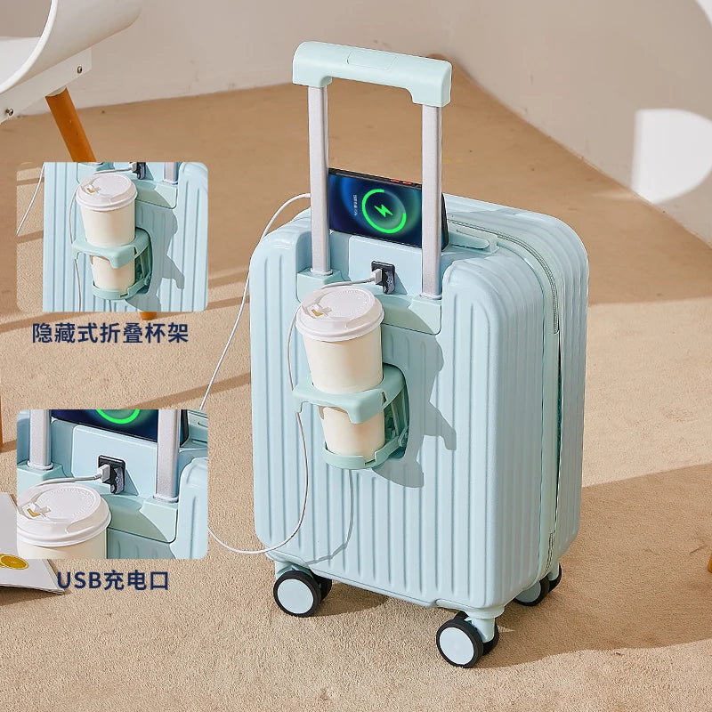 Multifunctional suitcase 18 inch small lightweight luggage with USB cup holder password suitcases 20" cabin carry-on travel bag