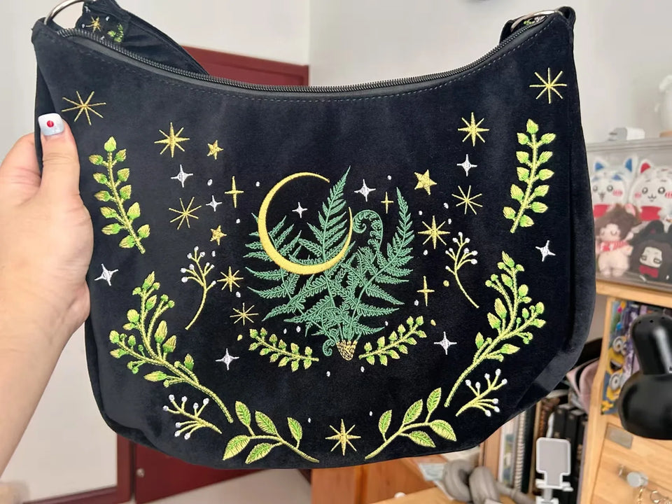 Dark Gothic Witch Plant Embroidered Flannel Shoulder Underarm Bag, Vintage Large Capacity Crossbody Bag,  Bags for Women