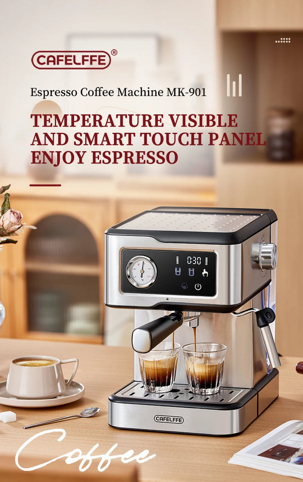 Cafelffe Espresso Coffee Machines Stainless Steel with Milk Frother Steam Wand Semi-Automatic Cappuccino maker 20Bar cafetera