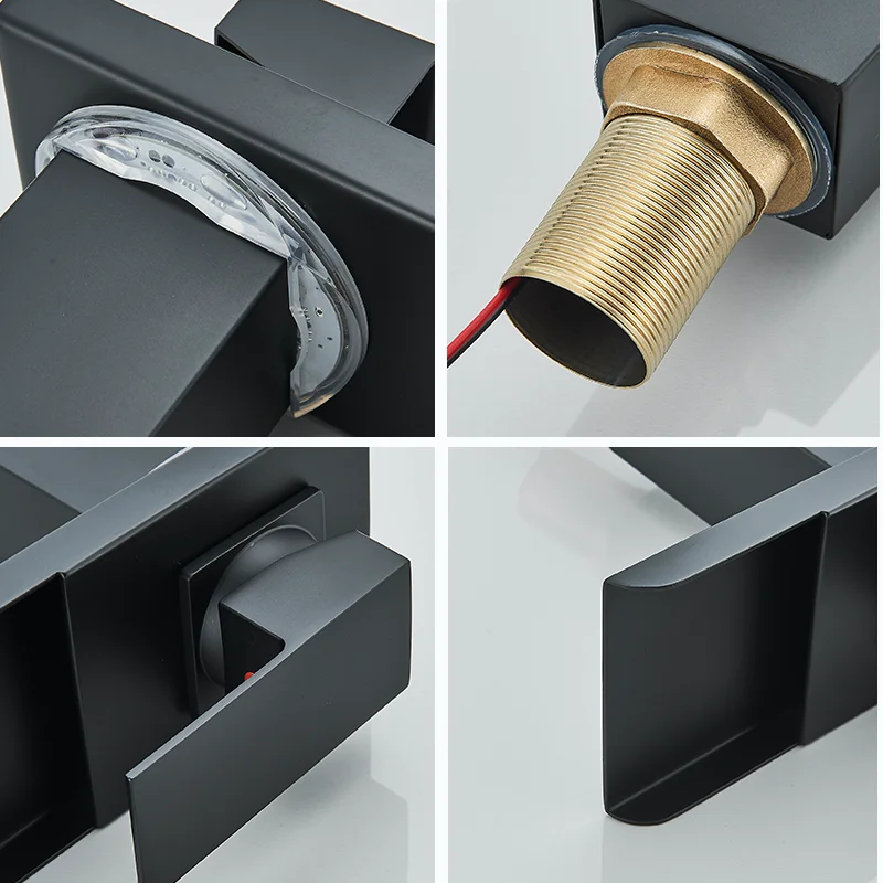 Black LED Bathroom Basin Faucet Temperature Induction Change Color Hot Cold Water Mixer Taps with Battery Box Deck Installation