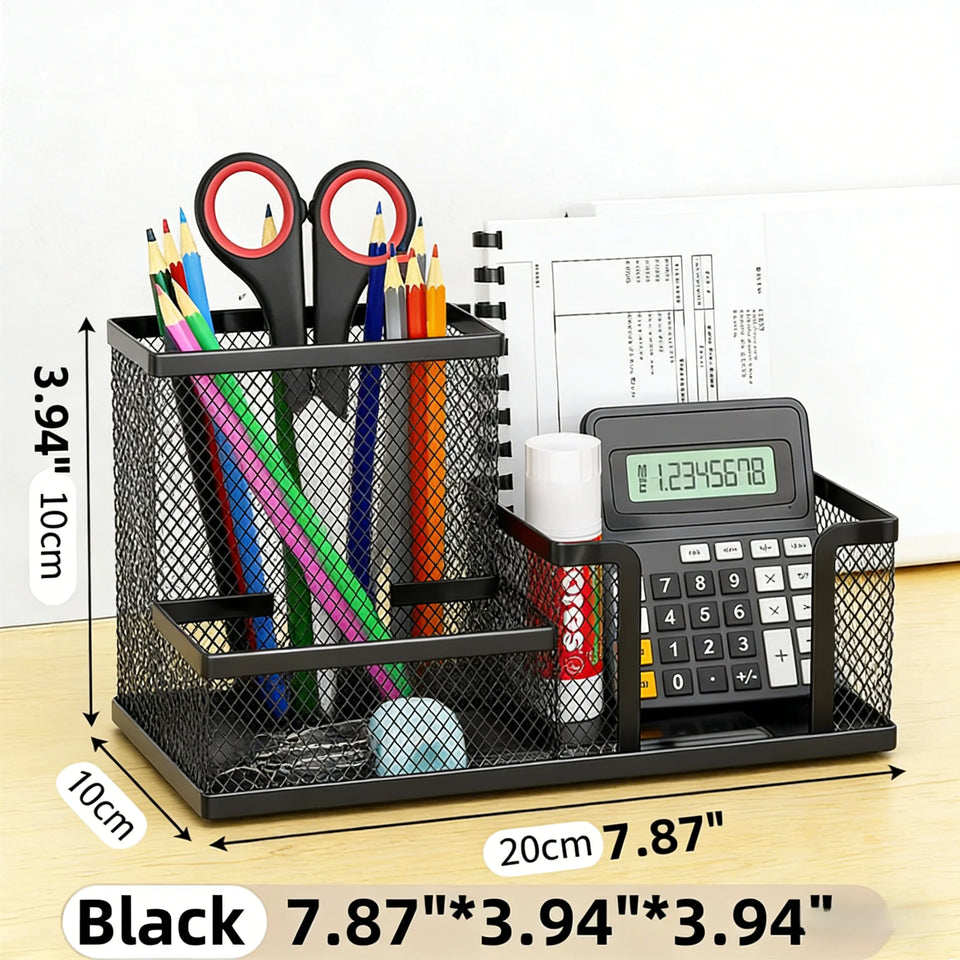 Desktop Accessories Storage Caddy, Black Wire Mesh Desk Organizer with 3 Compartments, Pencil Holder and Storage Baskets