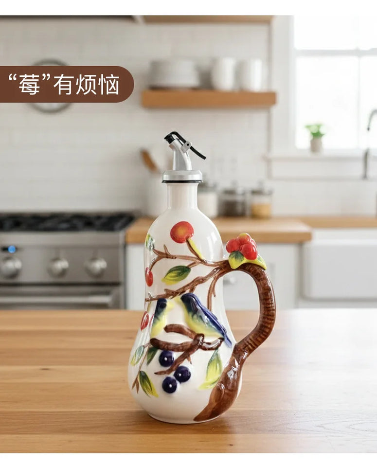Hand-Painted Ceramic Seasoning Bottle Bird Flower Fruit Soy Sauce Vinegar Oil Bottle Coffee Table Wine Cabinet Decoration