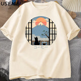 Coffee Cat in Mt Fuji T-shirt Men Women Round Neck Short Sleeve Tshirt Japanese Style Printed T-Shirt Cotton Oversized Tops