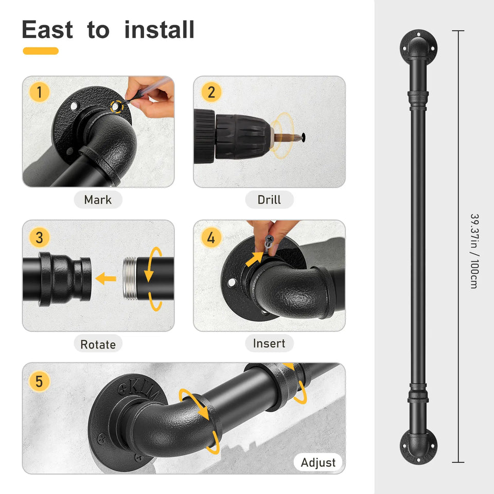 1-3M Secure Pipe Stair Handrails Staircase Indoor Outdoor Wall Balustrade Non-Slip Industrial Galvanized Steel Pipe Wall-Mounted