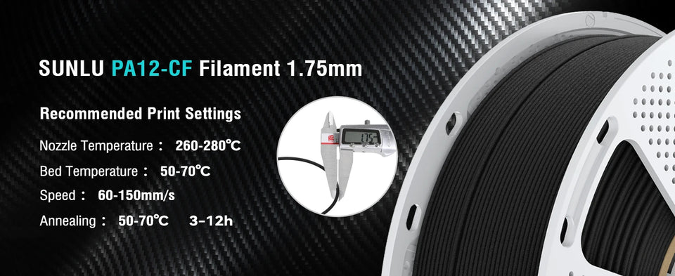 SUNLU PA12-CF 3D Filament Carbon Fibre Nylon Heat Resistant Wear Resistant 1.75mm 1kg Spool Engineering Filament