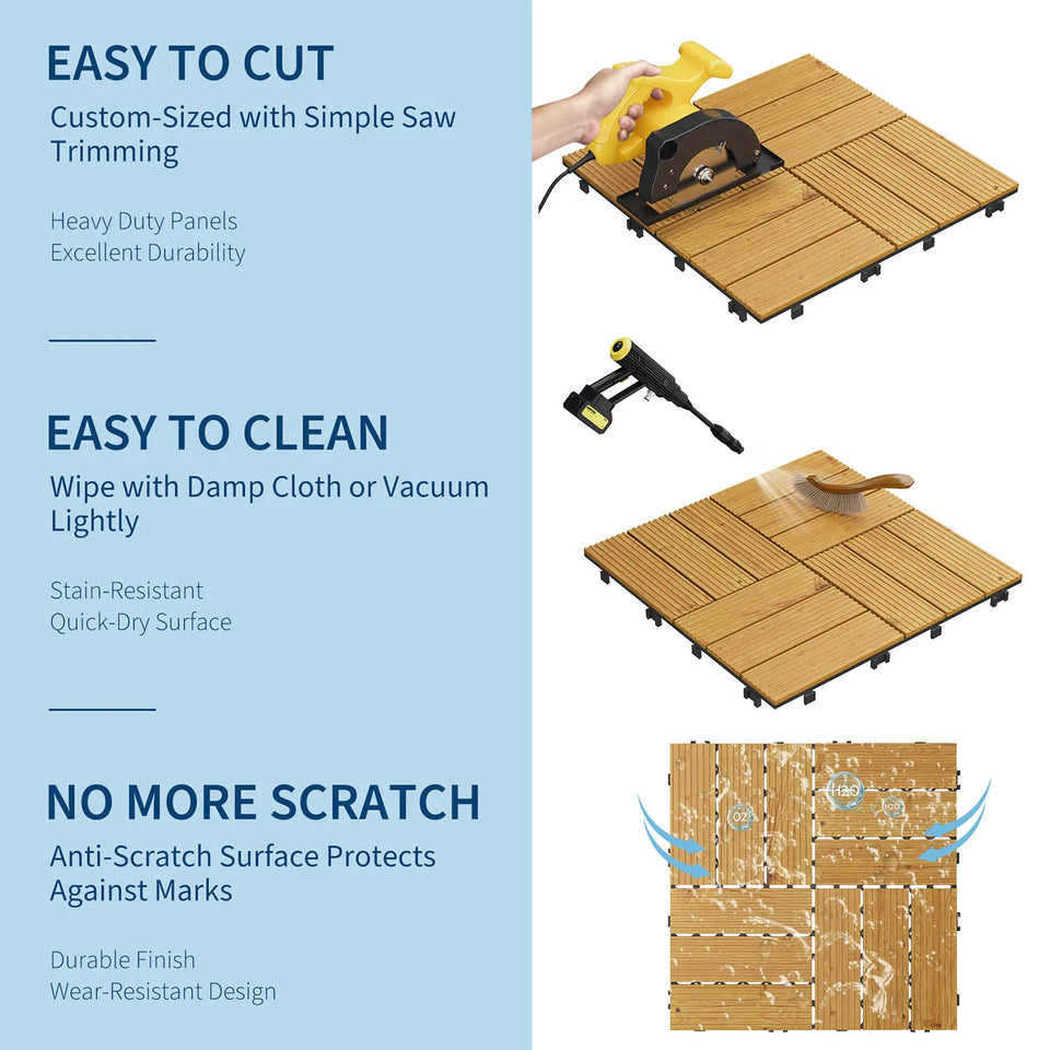 Acacia Wood Connected Deck Tiles for Patio & Outdoor Decor, 12"x12" Firm Weatherproof Non-Slip Wooden Flooring, 22/33 Panels
