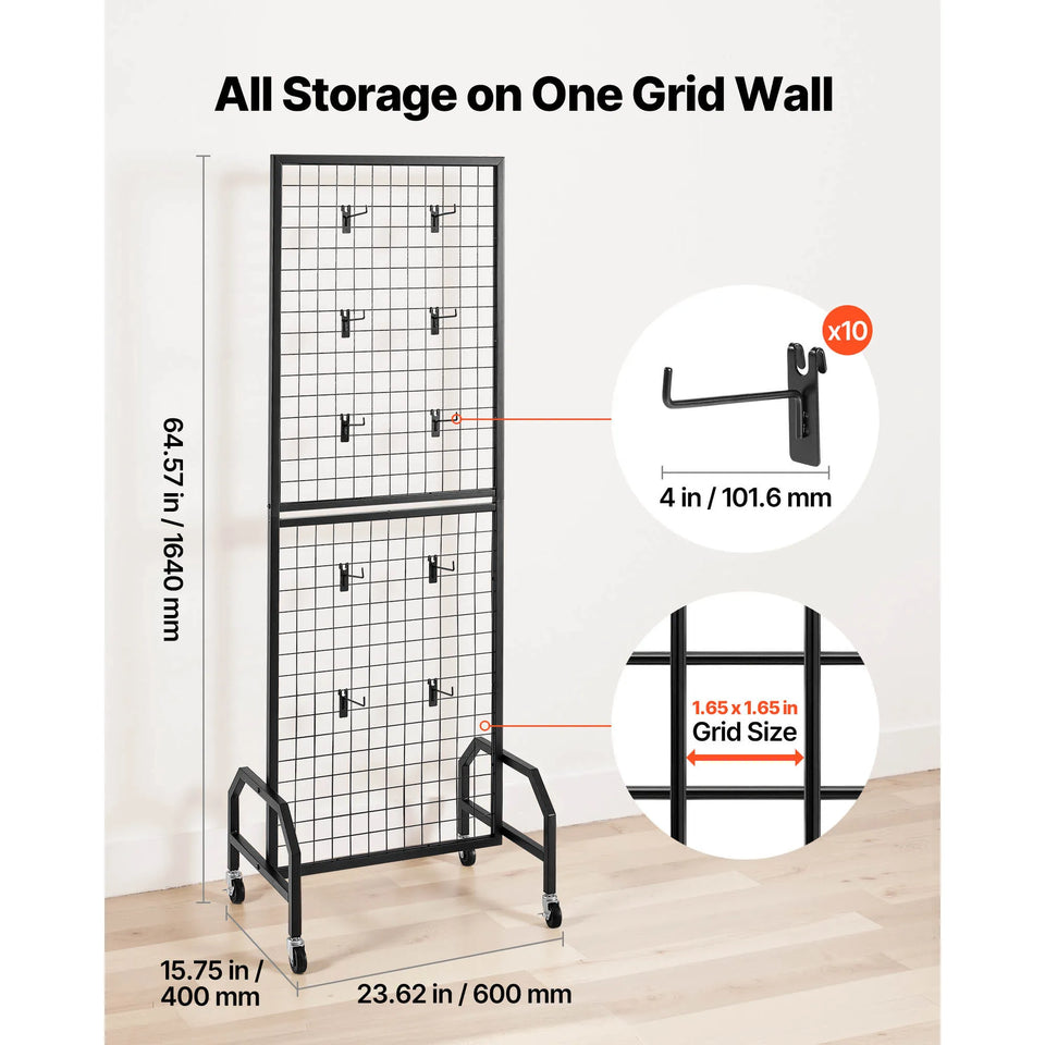 SucceBuy Grid Wall Panel Wire Grid Panels Display Rack Movable Art Display Shelf with Wheel Carbon Steel Gridwall for Craft Show