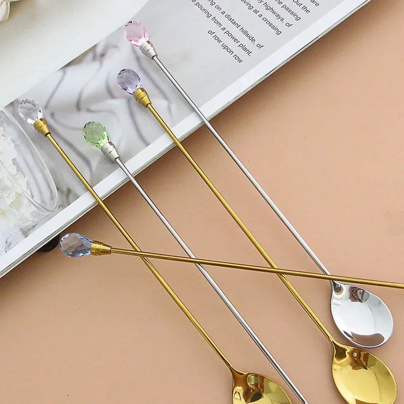Crystal Spoon Set Long Handle Teaspoon 430 Stainless Steel Diamond Ice Spoon Perfect for Dessert Ice Cream Coffee Cocktail커피
