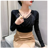 Autumn New Women Mesh Tops Fashion Hollow Out V-Neck Long-Sleeved T-Shirt Classic Shiny Diamonds Bottoming Shirt Elasticity Tees