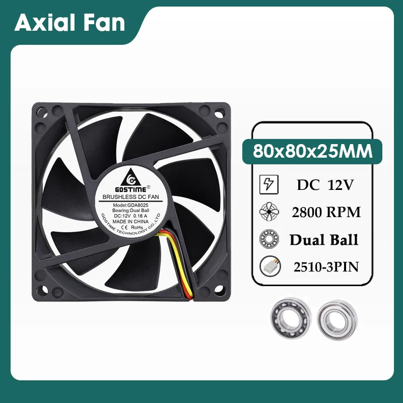 Gdstime DC 5V 12V 24V Fan 80mm*25mm PC CPU Cabinet Cooler Fan 8025 Dual Ball Axial Cooling Fan for Computer Case&Laptop Cooling