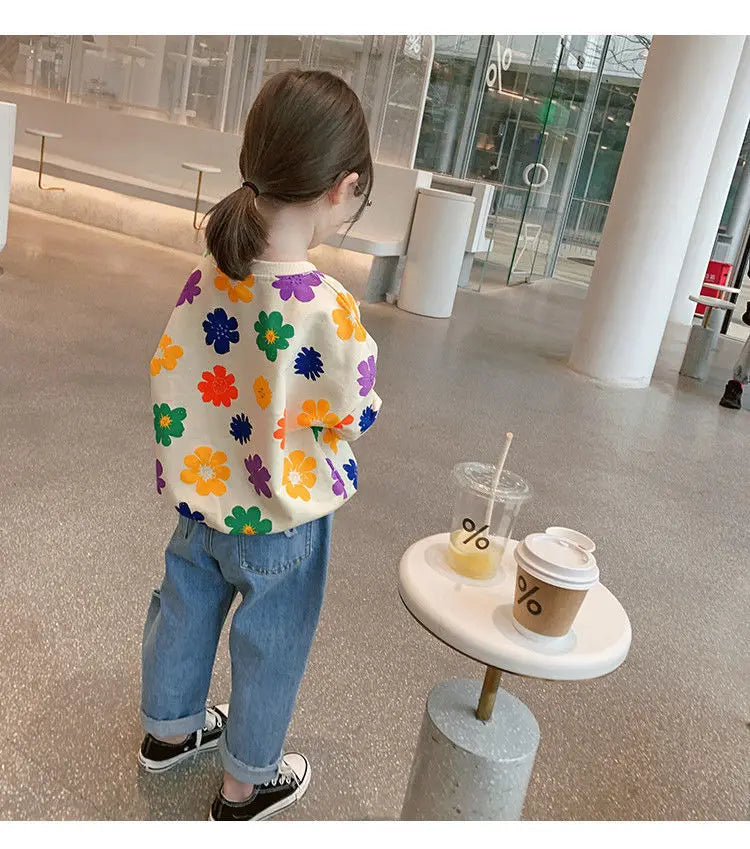 Spring Autumn Baby and Girls Sweet All-Over Flowers Sweatshirt School Kids Outfit Pullover Tops Child Workout Jumper 1-12 Years