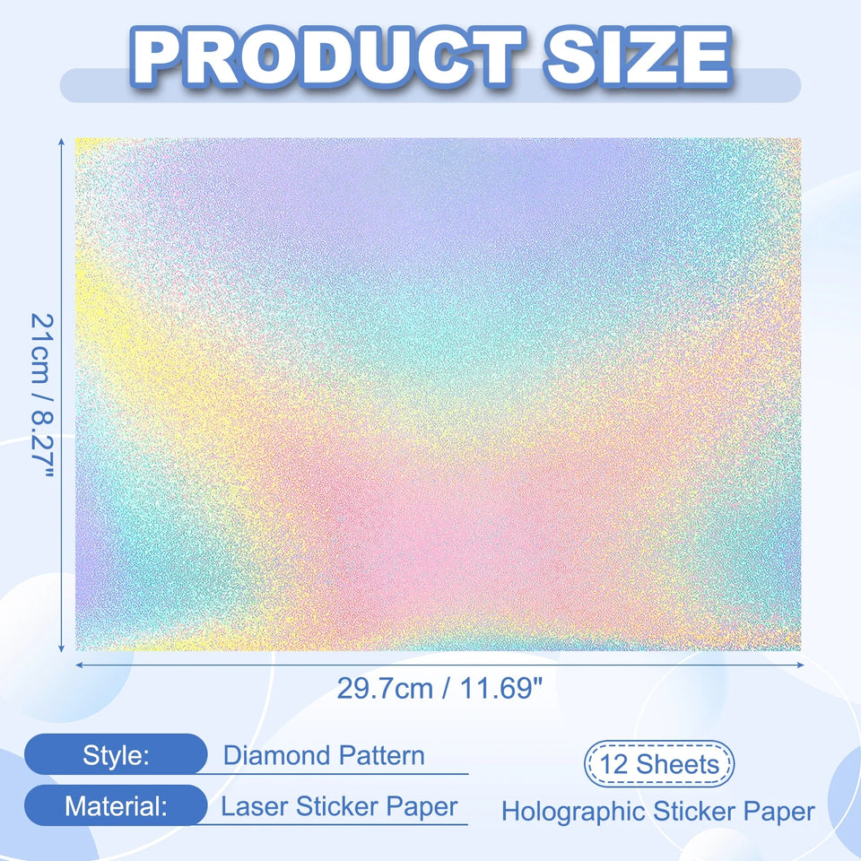 12Sheets Printable Holographic Sticker Paper Vinyl Sticker Paper A4 Waterproof Quickly Stickers for Laser Printer Inkjet Printer
