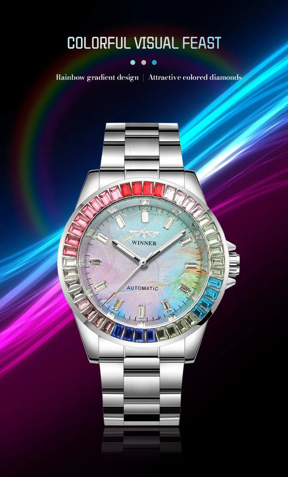 2024WINNER Original Colored Diamonds Mechanical Waterproof Men's Watch Automatic Movement Stainless Steel Luxury Watches