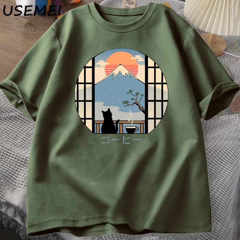 Coffee Cat in Mt Fuji T-shirt Men Women Round Neck Short Sleeve Tshirt Japanese Style Printed T-Shirt Cotton Oversized Tops