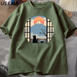 Coffee Cat in Mt Fuji T-shirt Men Women Round Neck Short Sleeve Tshirt Japanese Style Printed T-Shirt Cotton Oversized Tops