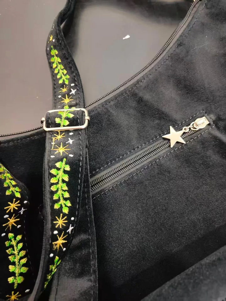 Dark Gothic Witch Plant Embroidered Flannel Shoulder Underarm Bag, Vintage Large Capacity Crossbody Bag,  Bags for Women