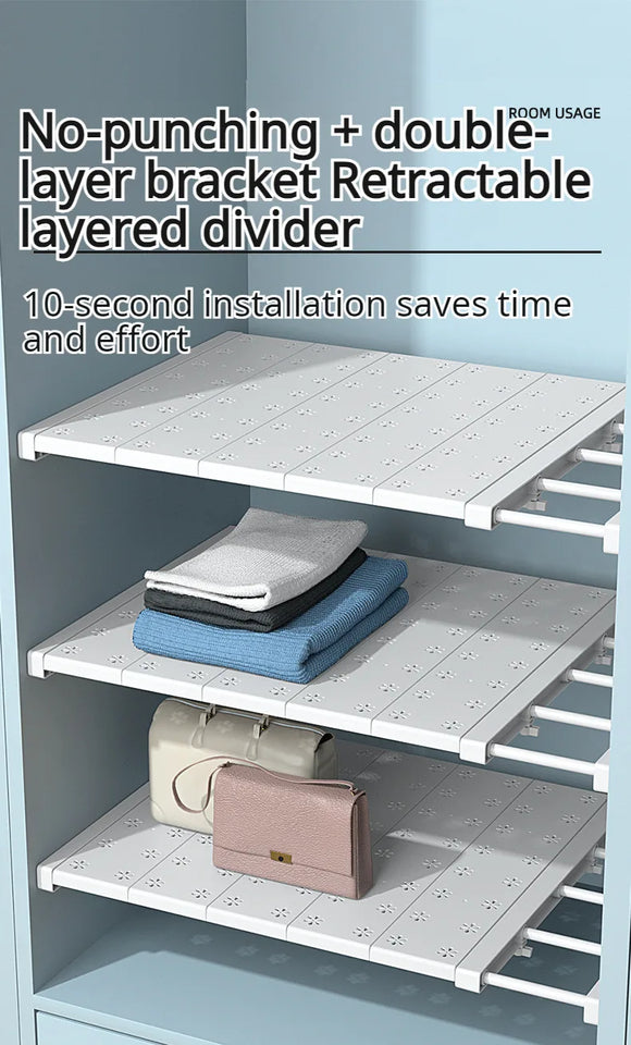 Adjustable Closet Shelf Organizer, Extendable Storage Rack with Divider, Space Saving Shelf for Home Dormitory Wardrobe Cabinet