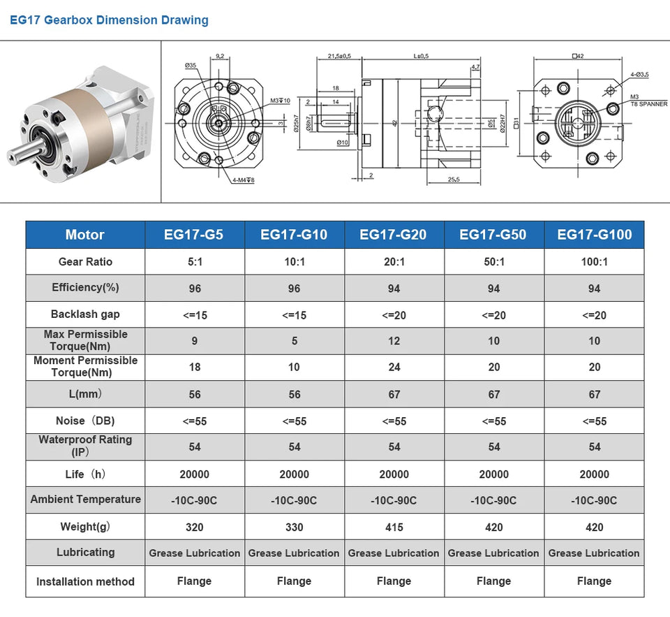 Nema 17 Planetary Gearbox Stepper Motor Gear Head Speed Reducer Ratio 5:1/10:1/20:1/50:1/100:1 5mm Input 8mm Output & 4 Screws