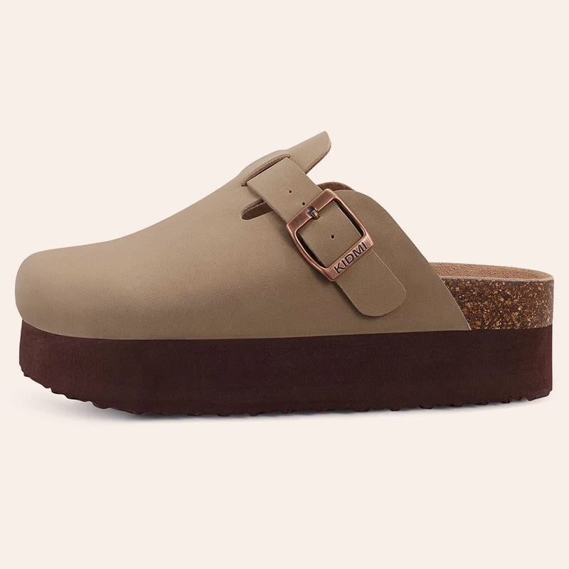 Gacimy Women Fashion Thick Sole Leather Clogs Slippers Classic Women's Mules Cork Clogs Slipper Outdoor Deep Heels Shoes Sandal