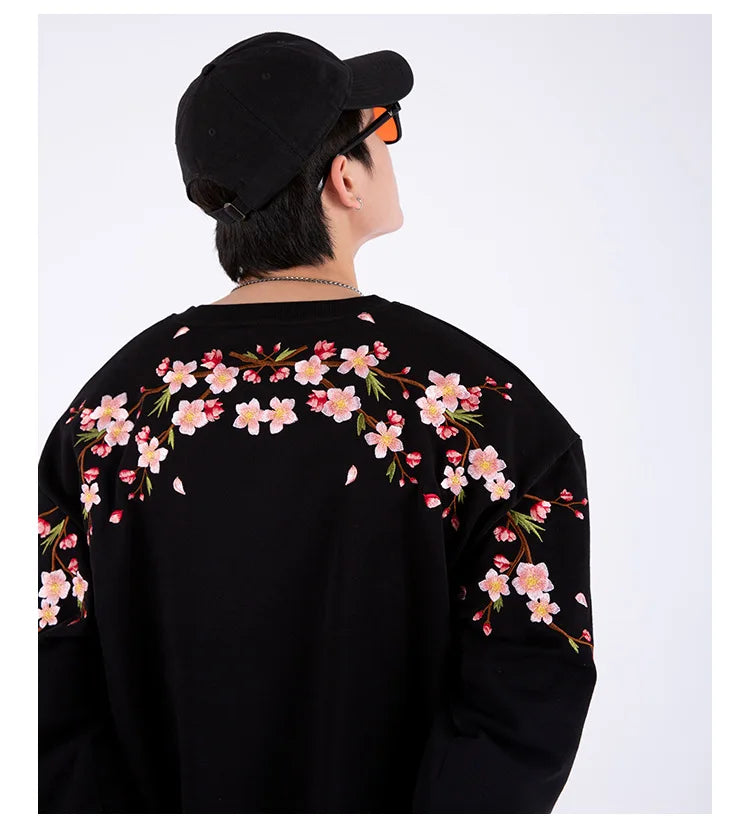 Floral Embroidery Unisex Pullovers Sweatshirt For Men Loose Fit Autumn Quality Cotton Fashion Casual Oversized Luxury Pull Homme