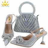 Orange Color New Arrivals Italian Design Nigerian Women Shoes and Bag Set Pointed Toe Slipper with Shinning Crystal for Party